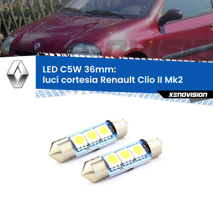 0 Luci Cortesia LED c5w 36mm Renault Clio II Mk2 1998 - 2004 (Coppia) <strong>Luci Cortesia LED per Renault Clio II</strong> Mk2 1998 - 2004. Coppia lampade <strong>C5W</strong> 36mm estremamente longeve.