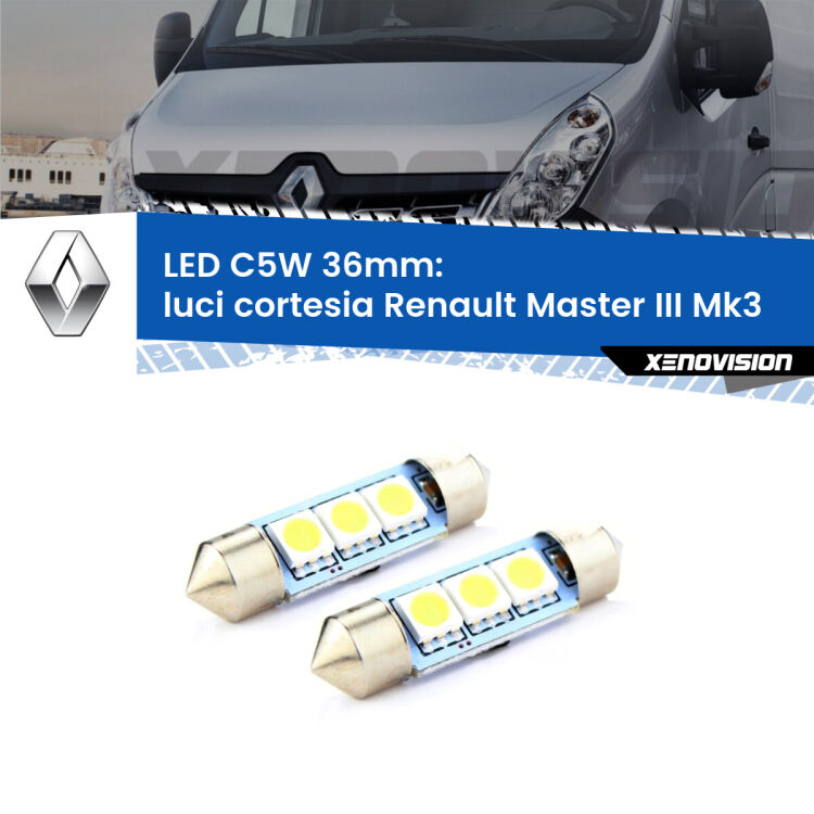 0 Luci Cortesia LED c5w 36mm Renault Master III Mk3 anteriori (Coppia) <strong>Luci Cortesia LED per Renault Master III</strong> Mk3 anteriori. Coppia lampade <strong>C5W</strong> 36mm estremamente longeve.