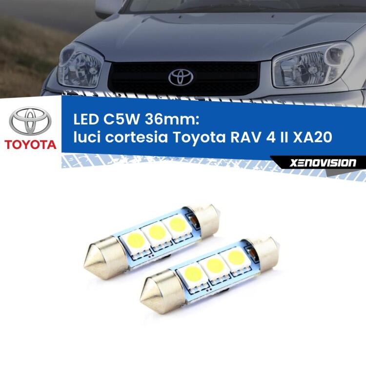 0 Luci Cortesia LED c5w 36mm Toyota RAV 4 II XA20 2000 - 2005 (Coppia) <strong>Luci Cortesia LED per Toyota RAV 4 II</strong> XA20 2000 - 2005. Coppia lampade <strong>C5W</strong> 36mm estremamente longeve.