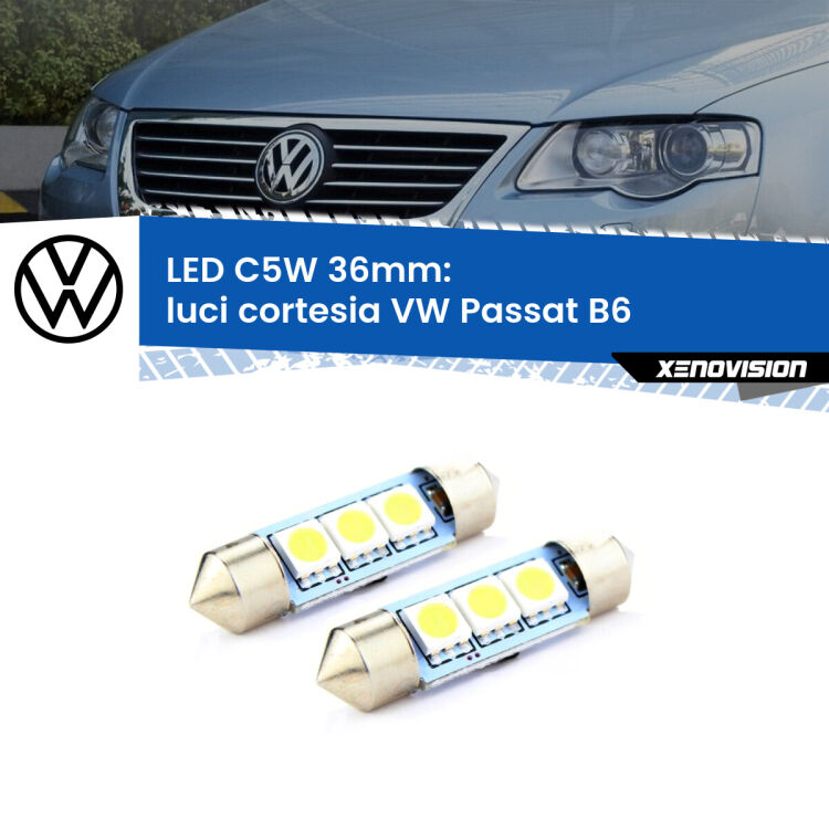 0 Luci Cortesia LED c5w 36mm VW Passat B6 2005 - 2010 (Coppia) <strong>Luci Cortesia LED per VW Passat</strong> B6 2005 - 2010. Coppia lampade <strong>C5W</strong> 36mm estremamente longeve.