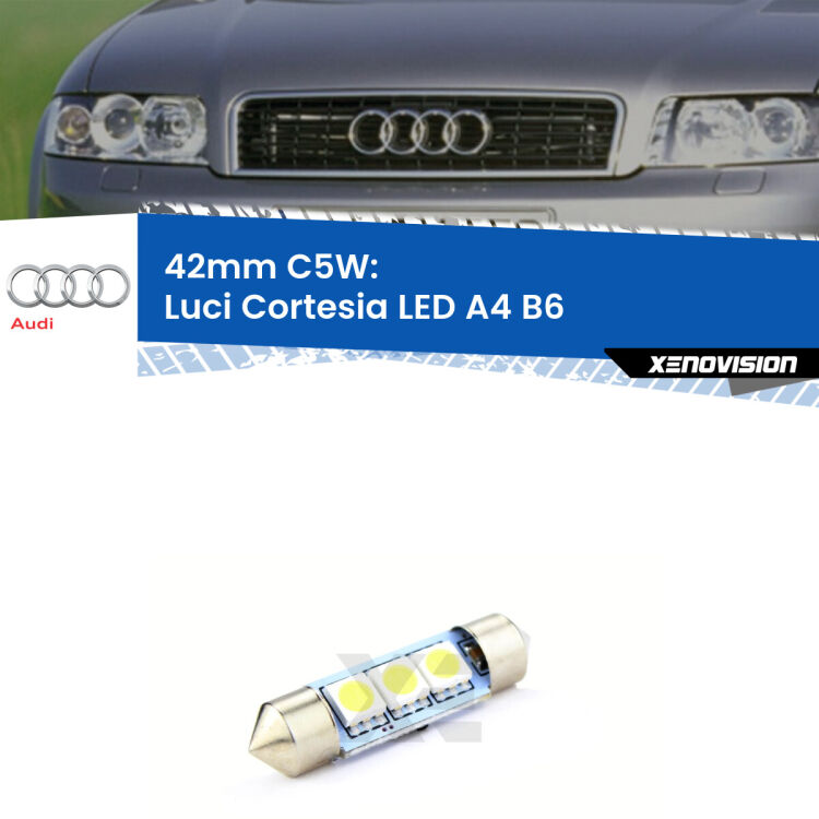 Lampadina eccezionalmente duratura, canbus e luminosa. C5W 42mm perfetto per Luci Cortesia LED Audi A4 (B6) 2000 - 2004<br />.