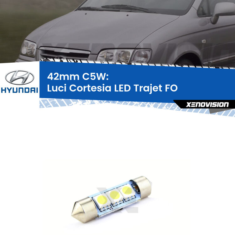 0 Luci Cortesia LED c5w 41mm Hyundai Trajet FO posteriori (Coppia) <strong>Luci Cortesia LED per Hyundai Trajet</strong> FO posteriori. Coppia lampade <strong>C5W</strong> 41mm estremamente longeve.