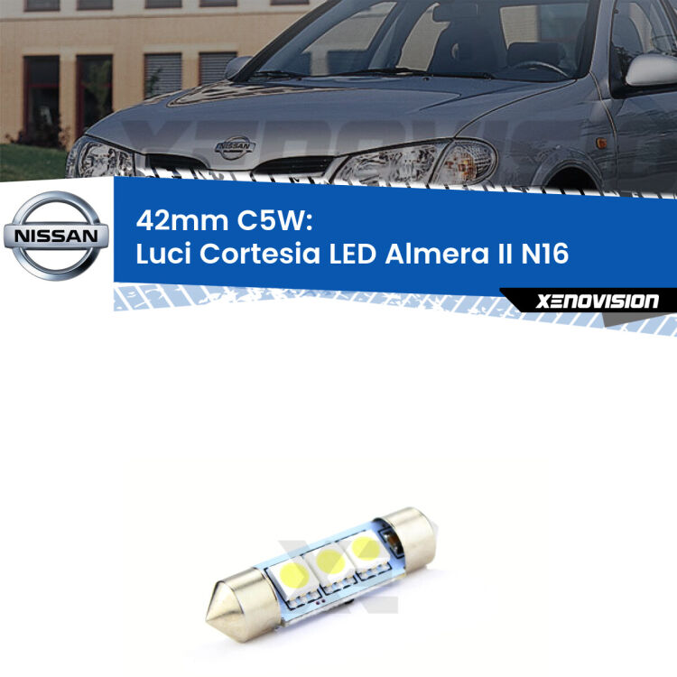 Lampadina eccezionalmente duratura, canbus e luminosa. C5W 42mm perfetto per Luci Cortesia LED Nissan Almera II (N16) 2000 - 2002<br />.