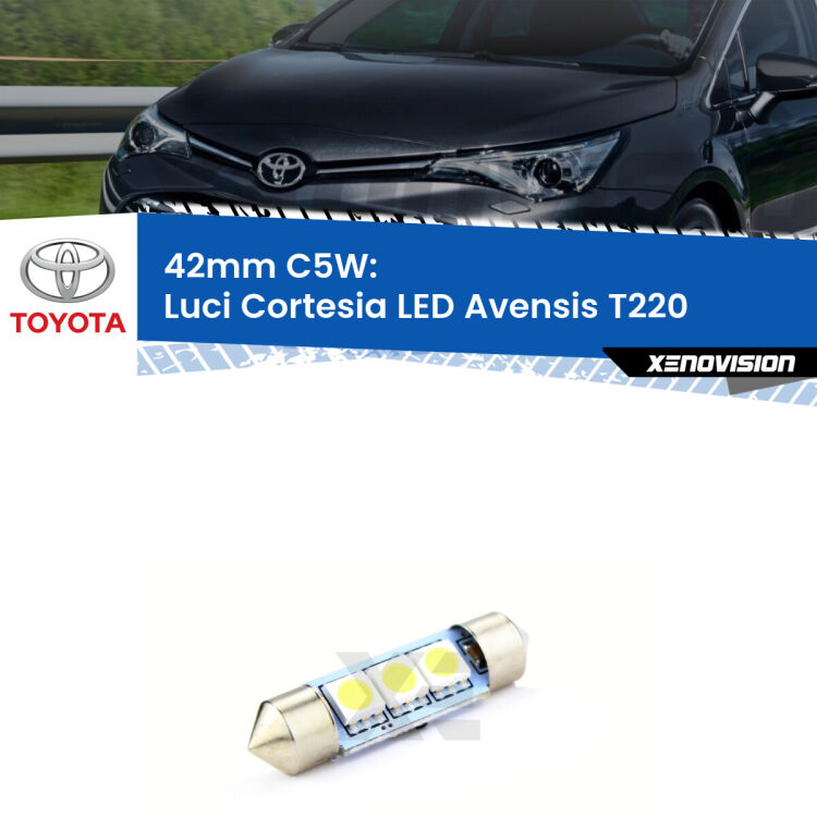 Lampadina eccezionalmente duratura, canbus e luminosa. C5W 42mm perfetto per Luci Cortesia LED Toyota Avensis (T220) 1997 - 2003<br />.