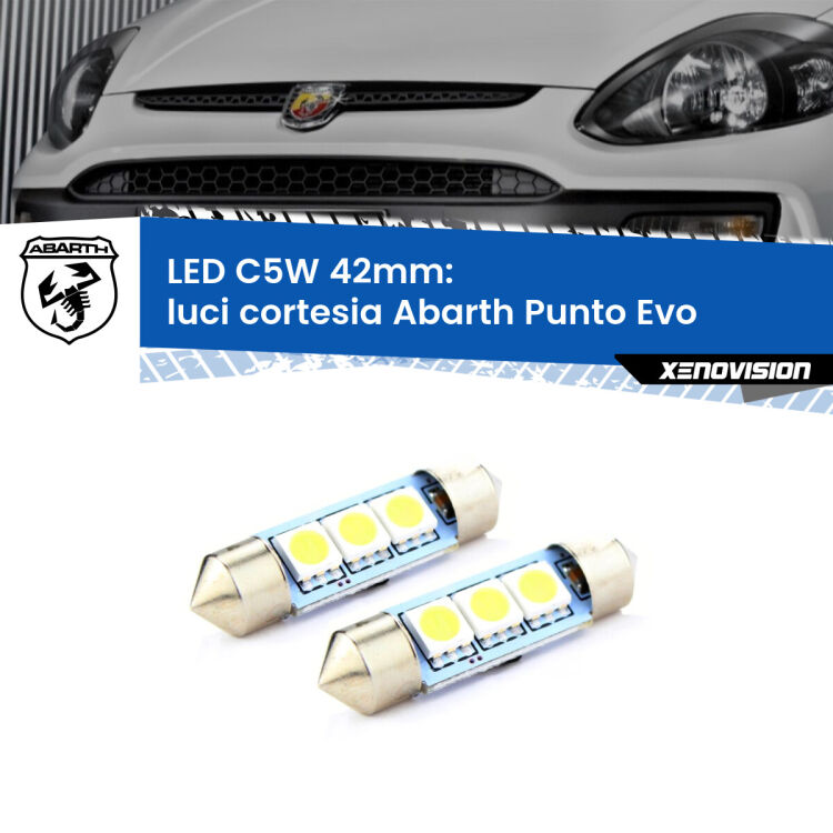 0 Luci Cortesia LED c5w 41mm Abarth Punto Evo 2010 - 2014 (Coppia) <strong>Luci Cortesia LED per Abarth Punto Evo</strong> 2010 - 2014. Coppia lampade <strong>C5W</strong> 41mm estremamente longeve.