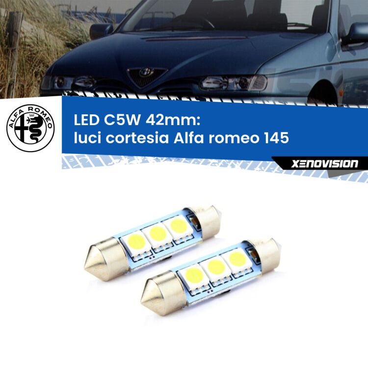 0 Luci Cortesia LED c5w 41mm Alfa romeo 145  1994 - 2001 (Coppia) <strong>Luci Cortesia LED per Alfa romeo 145</strong>  1994 - 2001. Coppia lampade <strong>C5W</strong> 41mm estremamente longeve.