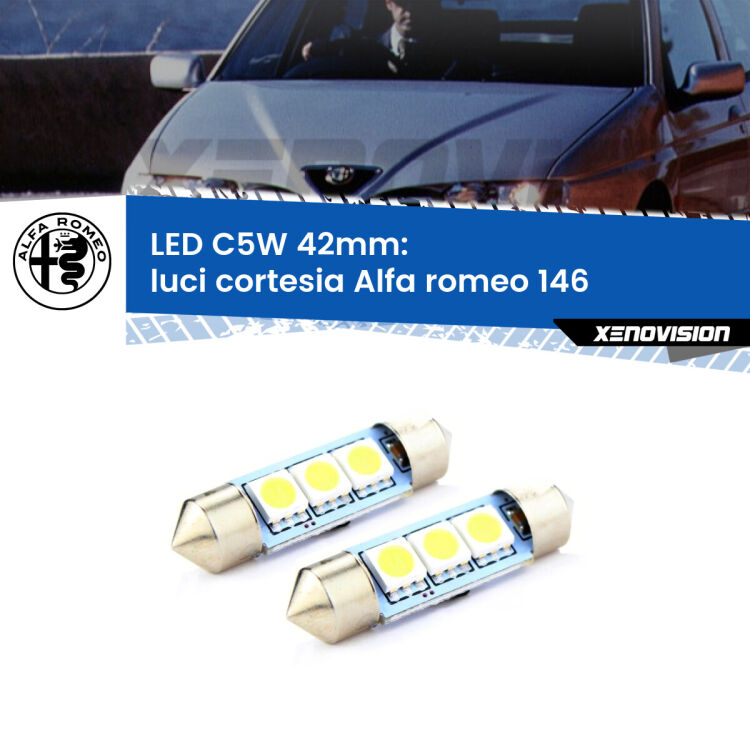 0 Luci Cortesia LED c5w 41mm Alfa romeo 146 1994 - 2001 (Coppia) <strong>Luci Cortesia LED per Alfa romeo 146</strong> 1994 - 2001. Coppia lampade <strong>C5W</strong> 41mm estremamente longeve.