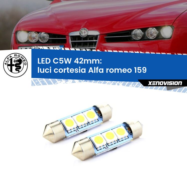 0 Luci Cortesia LED c5w 41mm Alfa romeo 159 2005 - 2012 (Coppia) <strong>Luci Cortesia LED per Alfa romeo 159</strong> 2005 - 2012. Coppia lampade <strong>C5W</strong> 41mm estremamente longeve.