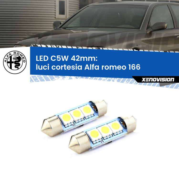 0 Luci Cortesia LED c5w 41mm Alfa romeo 166  1998 - 2007 (Coppia) <strong>Luci Cortesia LED per Alfa romeo 166</strong>  1998 - 2007. Coppia lampade <strong>C5W</strong> 41mm estremamente longeve.