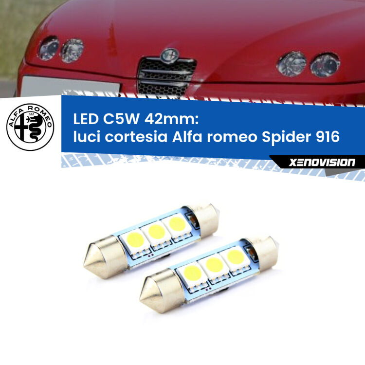 0 Luci Cortesia LED c5w 41mm Alfa romeo Spider 916 1995 - 2005 (Coppia) <strong>Luci Cortesia LED per Alfa romeo Spider</strong> 916 1995 - 2005. Coppia lampade <strong>C5W</strong> 41mm estremamente longeve.