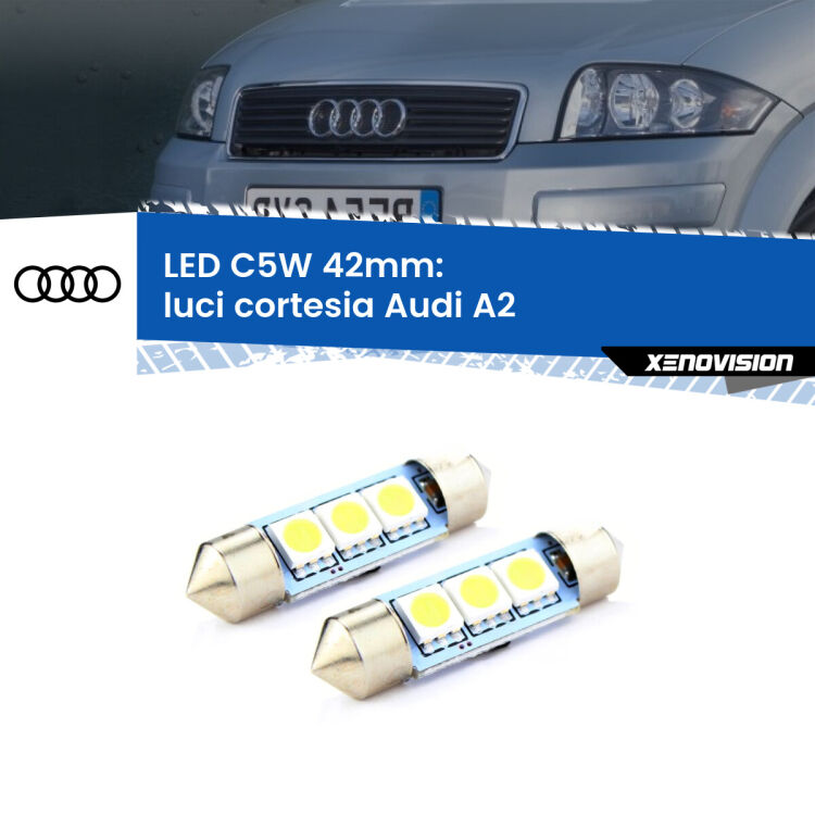 0 Luci Cortesia LED c5w 41mm Audi A2 2000 - 2005 (Coppia) <strong>Luci Cortesia LED per Audi A2</strong> 2000 - 2005. Coppia lampade <strong>C5W</strong> 41mm estremamente longeve.