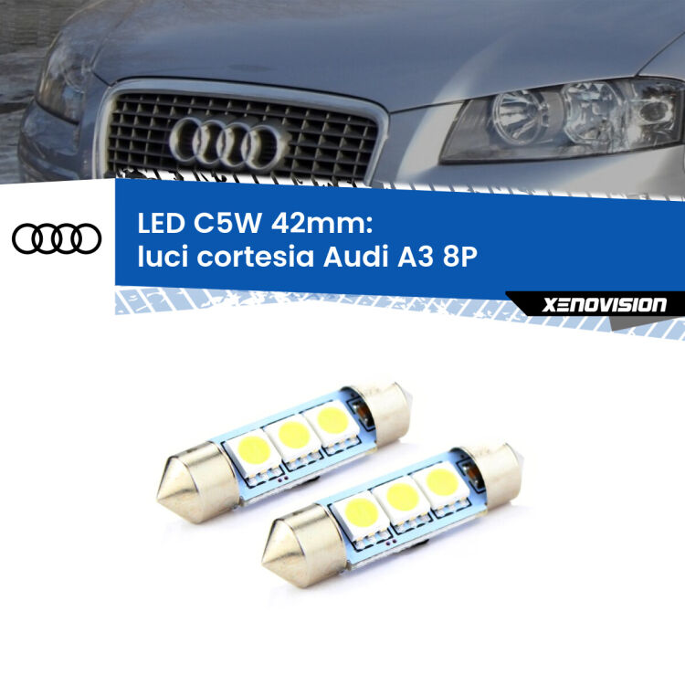 0 Luci Cortesia LED c5w 41mm Audi A3 8P anteriori (Coppia) <strong>Luci Cortesia LED per Audi A3</strong> 8P anteriori. Coppia lampade <strong>C5W</strong> 41mm estremamente longeve.