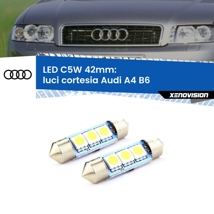 0 Luci Cortesia LED c5w 41mm Audi A4 B6 2000 - 2004 (Coppia) <strong>Luci Cortesia LED per Audi A4</strong> B6 2000 - 2004. Coppia lampade <strong>C5W</strong> 41mm estremamente longeve.