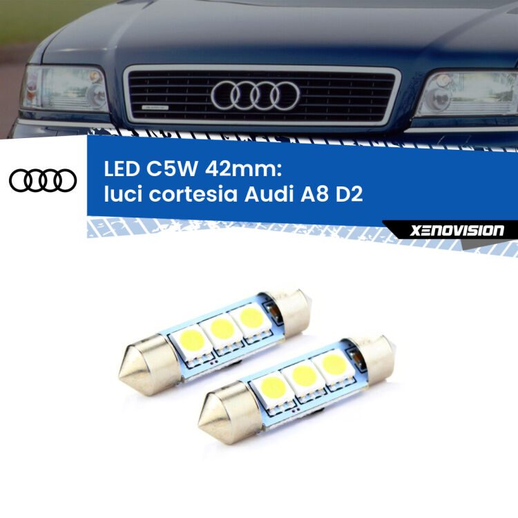 0 Luci Cortesia LED c5w 41mm Audi A8 D2 anteriori (Coppia) <strong>Luci Cortesia LED per Audi A8</strong> D2 anteriori. Coppia lampade <strong>C5W</strong> 41mm estremamente longeve.