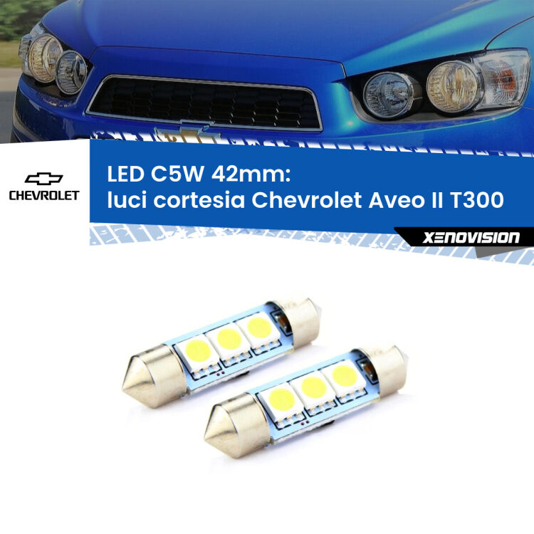 0 Luci Cortesia LED c5w 41mm Chevrolet Aveo II T300 2011 - 2021 (Coppia) <strong>Luci Cortesia LED per Chevrolet Aveo II</strong> T300 2011 - 2021. Coppia lampade <strong>C5W</strong> 41mm estremamente longeve.
