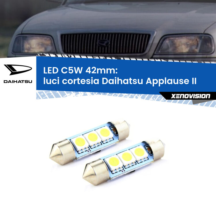 0 Luci Cortesia LED c5w 41mm Daihatsu Applause II 1997 - 2000 (Coppia) <strong>Luci Cortesia LED per Daihatsu Applause</strong> II 1997 - 2000. Coppia lampade <strong>C5W</strong> 41mm estremamente longeve.