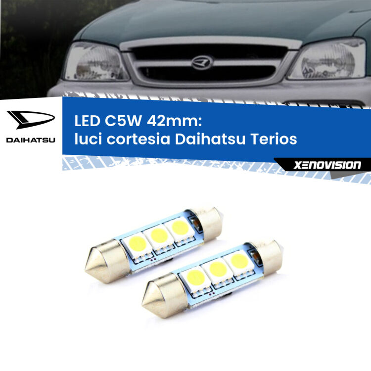 0 Luci Cortesia LED c5w 41mm Daihatsu Terios anteriori (Coppia) <strong>Luci Cortesia LED per Daihatsu Terios</strong> anteriori. Coppia lampade <strong>C5W</strong> 41mm estremamente longeve.