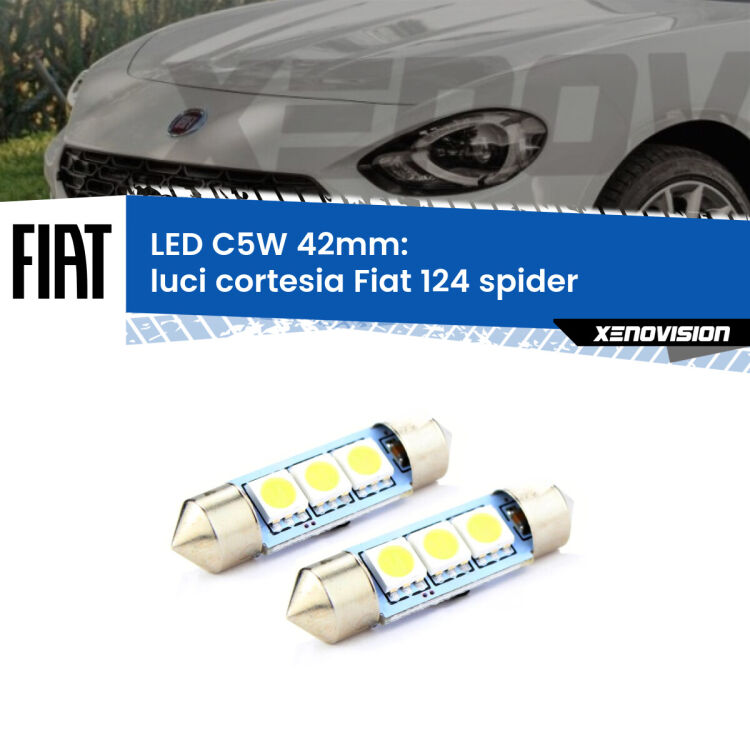0 Luci Cortesia LED c5w 41mm Fiat 124 spider 2016 in poi (Coppia) <strong>Luci Cortesia LED per Fiat 124 spider</strong> 2016 in poi. Coppia lampade <strong>C5W</strong> 41mm estremamente longeve.