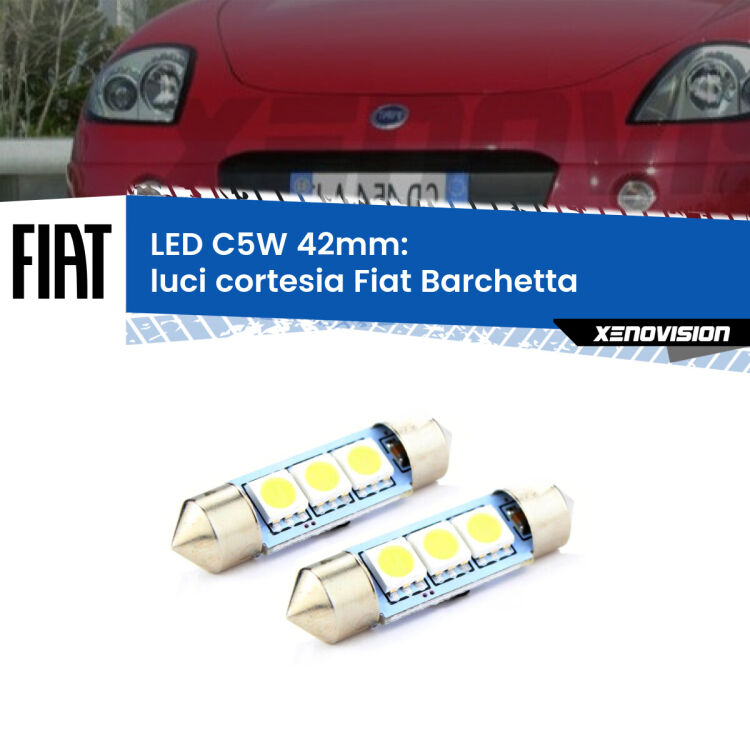 0 Luci Cortesia LED c5w 41mm Fiat Barchetta 1995 - 2005 (Coppia) <strong>Luci Cortesia LED per Fiat Barchetta</strong> 1995 - 2005. Coppia lampade <strong>C5W</strong> 41mm estremamente longeve.