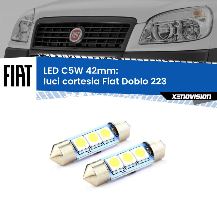 0 Luci Cortesia LED c5w 41mm Fiat Doblo 223 2000 - 2010 (Coppia) <strong>Luci Cortesia LED per Fiat Doblo</strong> 223 2000 - 2010. Coppia lampade <strong>C5W</strong> 41mm estremamente longeve.