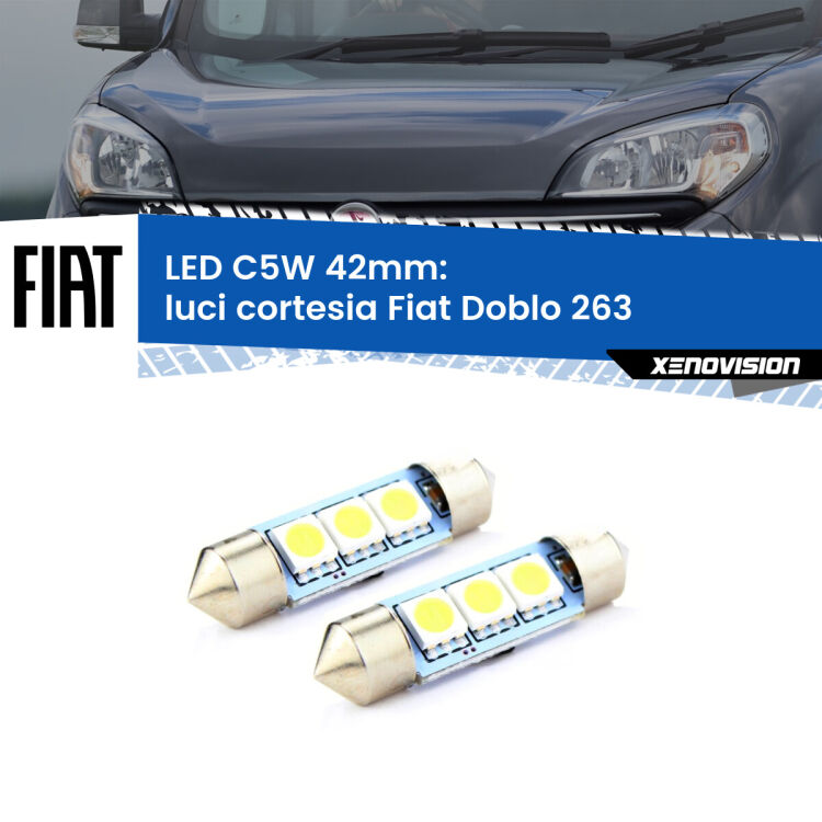 0 Luci Cortesia LED c5w 41mm Fiat Doblo 263 2010 - 2016 (Coppia) <strong>Luci Cortesia LED per Fiat Doblo</strong> 263 2010 - 2016. Coppia lampade <strong>C5W</strong> 41mm estremamente longeve.