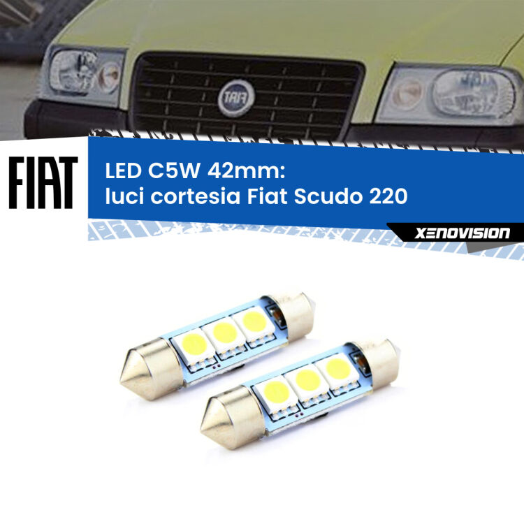 0 Luci Cortesia LED c5w 41mm Fiat Scudo 220 1996 - 2006 (Coppia) <strong>Luci Cortesia LED per Fiat Scudo</strong> 220 1996 - 2006. Coppia lampade <strong>C5W</strong> 41mm estremamente longeve.
