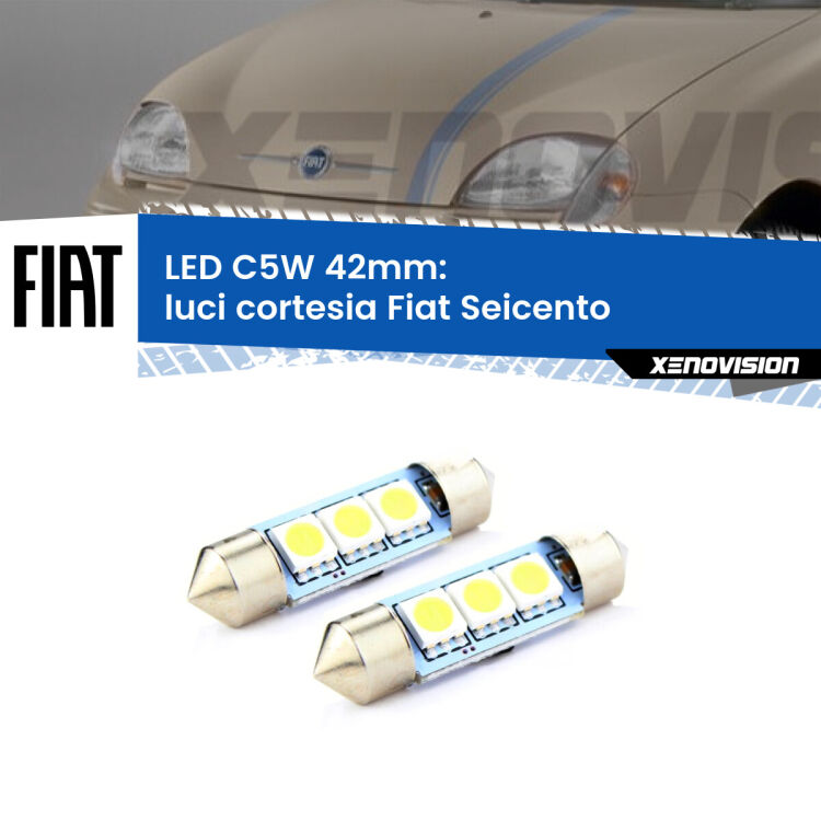 0 Luci Cortesia LED c5w 41mm Fiat Seicento 1998 - 2010 (Coppia) <strong>Luci Cortesia LED per Fiat Seicento</strong> 1998 - 2010. Coppia lampade <strong>C5W</strong> 41mm estremamente longeve.