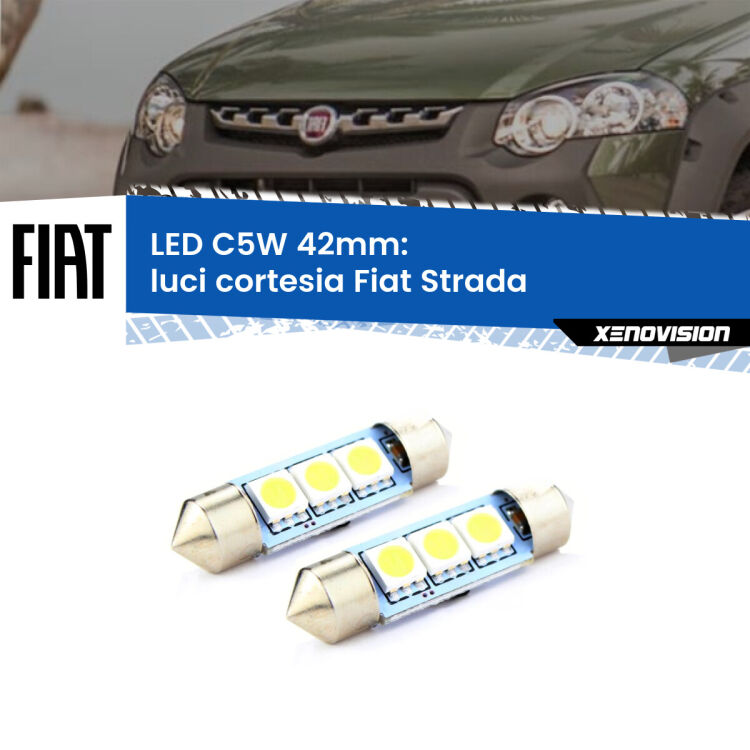 0 Luci Cortesia LED c5w 41mm Fiat Strada 1999 - 2021 (Coppia) <strong>Luci Cortesia LED per Fiat Strada</strong> 1999 - 2021. Coppia lampade <strong>C5W</strong> 41mm estremamente longeve.