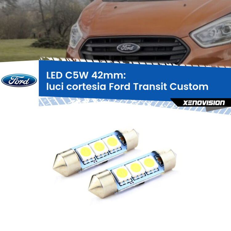 0 Luci Cortesia LED c5w 41mm Ford Transit Custom 2012 - 2022 (Coppia) <strong>Luci Cortesia LED per Ford Transit Custom</strong> 2012 - 2022. Coppia lampade <strong>C5W</strong> 41mm estremamente longeve.