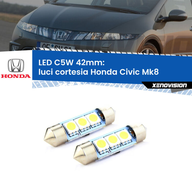 0 Luci Cortesia LED c5w 41mm Honda Civic Mk8 centrali (Coppia) <strong>Luci Cortesia LED per Honda Civic</strong> Mk8 centrali. Coppia lampade <strong>C5W</strong> 41mm estremamente longeve.