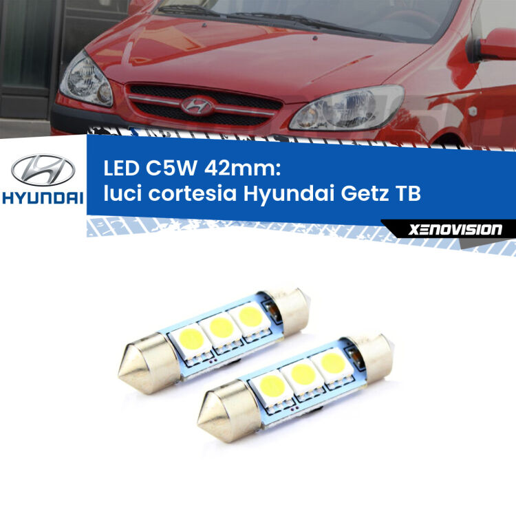 0 Luci Cortesia LED c5w 41mm Hyundai Getz TB 2002 - 2009 (Coppia) <strong>Luci Cortesia LED per Hyundai Getz</strong> TB 2002 - 2009. Coppia lampade <strong>C5W</strong> 41mm estremamente longeve.