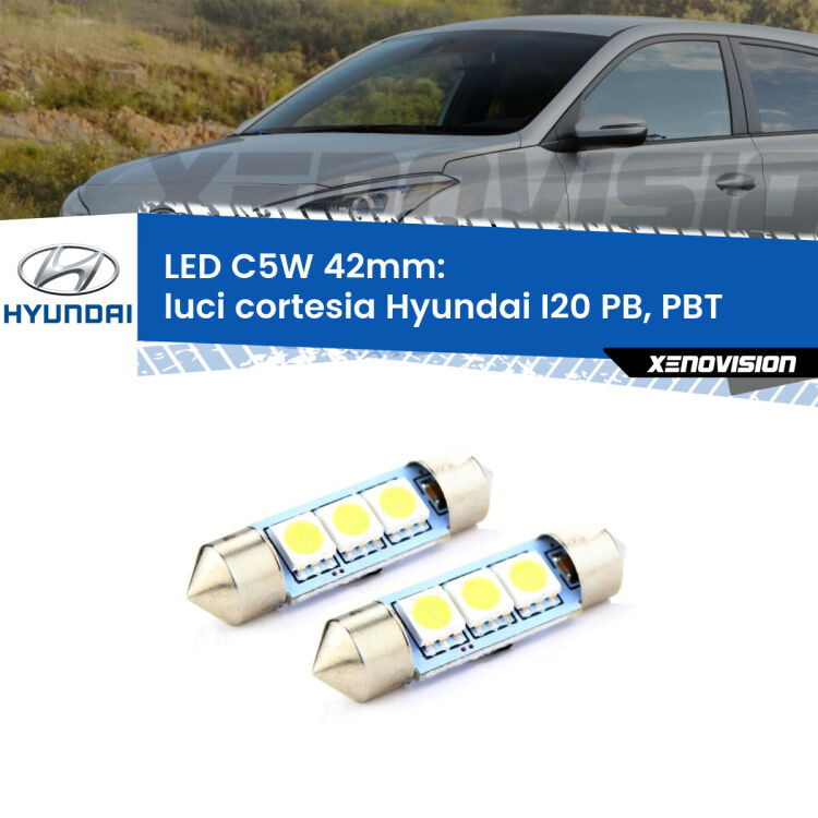 0 Luci Cortesia LED c5w 41mm Hyundai I20 PB, PBT 2008 - 2015 (Coppia) <strong>Luci Cortesia LED per Hyundai I20</strong> PB, PBT 2008 - 2015. Coppia lampade <strong>C5W</strong> 41mm estremamente longeve.