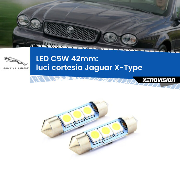 0 Luci Cortesia LED c5w 41mm Jaguar X-Type 2001 - 2009 (Coppia) <strong>Luci Cortesia LED per Jaguar X-Type</strong> 2001 - 2009. Coppia lampade <strong>C5W</strong> 41mm estremamente longeve.