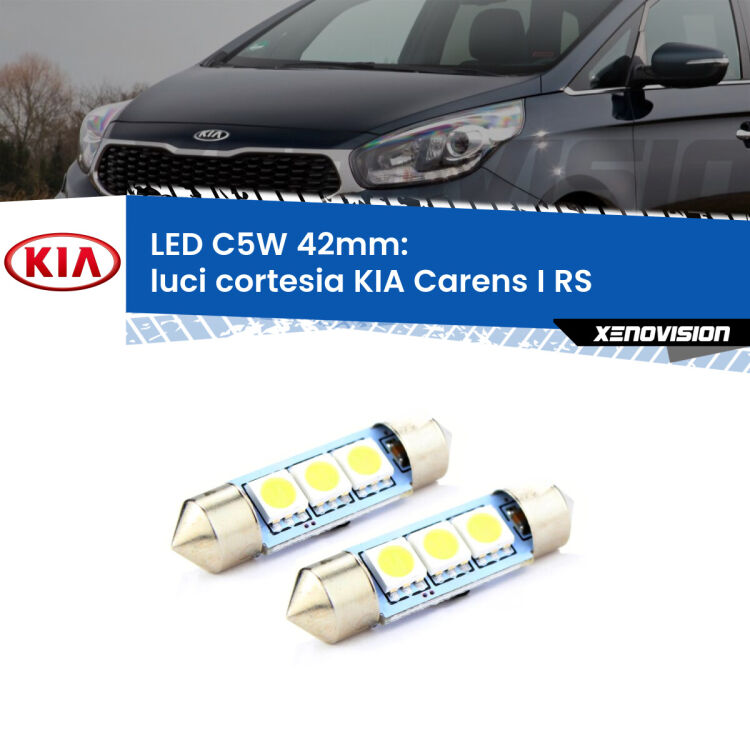 0 Luci Cortesia LED c5w 41mm KIA Carens I RS 1999 - 2005 (Coppia) <strong>Luci Cortesia LED per KIA Carens I</strong> RS 1999 - 2005. Coppia lampade <strong>C5W</strong> 41mm estremamente longeve.