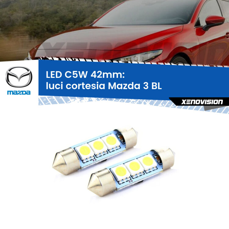 0 Luci Cortesia LED c5w 41mm Mazda 3 BL 2008 - 2014 (Coppia) <strong>Luci Cortesia LED per Mazda 3</strong> BL 2008 - 2014. Coppia lampade <strong>C5W</strong> 41mm estremamente longeve.