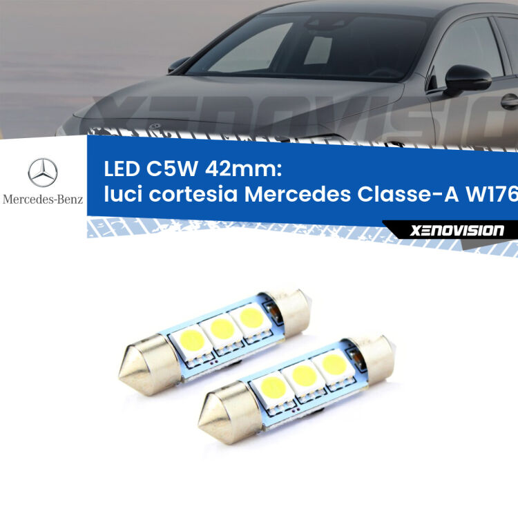 0 Luci Cortesia LED c5w 41mm Mercedes Classe-A W176 2012 - 2018 (Coppia) <strong>Luci Cortesia LED per Mercedes Classe-A</strong> W176 2012 - 2018. Coppia lampade <strong>C5W</strong> 41mm estremamente longeve.