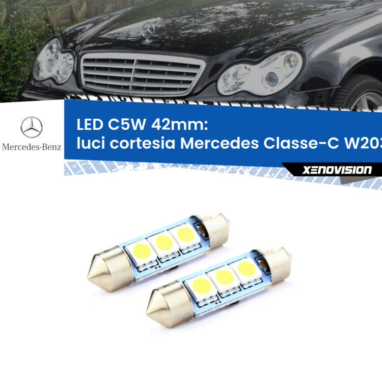 0 Luci Cortesia LED c5w 41mm Mercedes Classe-C W203 2000 - 2007 (Coppia) <strong>Luci Cortesia LED per Mercedes Classe-C</strong> W203 2000 - 2007. Coppia lampade <strong>C5W</strong> 41mm estremamente longeve.