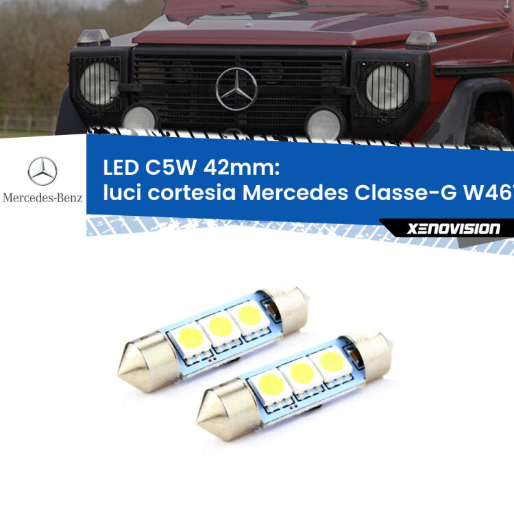 0 Luci Cortesia LED c5w 41mm Mercedes Classe-G W461 1990 - 2000 (Coppia) <strong>Luci Cortesia LED per Mercedes Classe-G</strong> W461 1990 - 2000. Coppia lampade <strong>C5W</strong> 41mm estremamente longeve.