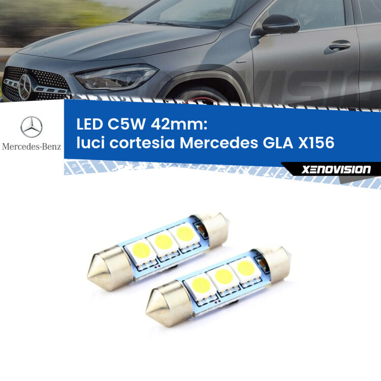 0 Luci Cortesia LED c5w 41mm Mercedes GLA X156 posteriori (Coppia) <strong>Luci Cortesia LED per Mercedes GLA</strong> X156 posteriori. Coppia lampade <strong>C5W</strong> 41mm estremamente longeve.