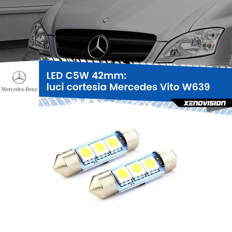 0 Luci Cortesia LED c5w 41mm Mercedes Vito W639 2003 - 2012 (Coppia) <strong>Luci Cortesia LED per Mercedes Vito</strong> W639 2003 - 2012. Coppia lampade <strong>C5W</strong> 41mm estremamente longeve.