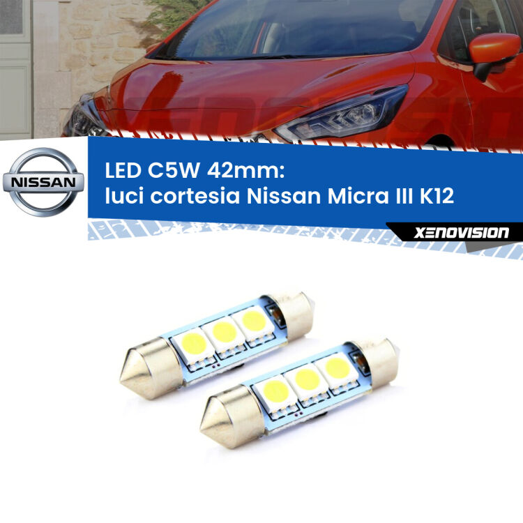 0 Luci Cortesia LED c5w 41mm Nissan Micra III K12 2002 - 2010 (Coppia) <strong>Luci Cortesia LED per Nissan Micra III</strong> K12 2002 - 2010. Coppia lampade <strong>C5W</strong> 41mm estremamente longeve.