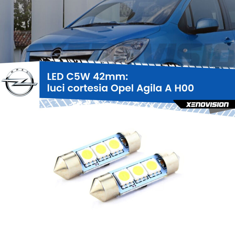 0 Luci Cortesia LED c5w 41mm Opel Agila A H00 2000 - 2007 (Coppia) <strong>Luci Cortesia LED per Opel Agila A</strong> H00 2000 - 2007. Coppia lampade <strong>C5W</strong> 41mm estremamente longeve.
