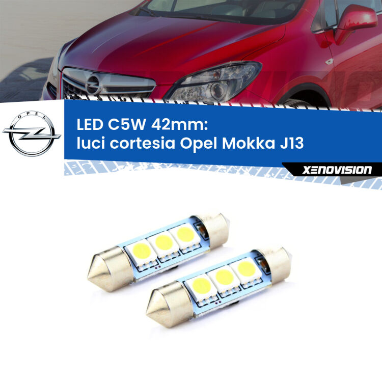 0 Luci Cortesia LED c5w 41mm Opel Mokka J13 posteriori (Coppia) <strong>Luci Cortesia LED per Opel Mokka</strong> J13 posteriori. Coppia lampade <strong>C5W</strong> 41mm estremamente longeve.