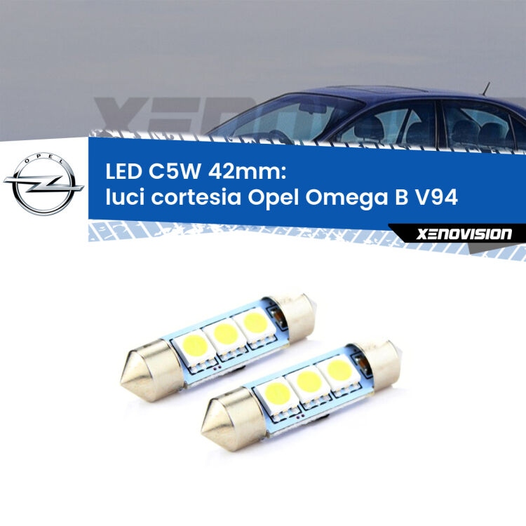 0 Luci Cortesia LED c5w 41mm Opel Omega B V94 anteriori (Coppia) <strong>Luci Cortesia LED per Opel Omega B</strong> V94 anteriori. Coppia lampade <strong>C5W</strong> 41mm estremamente longeve.