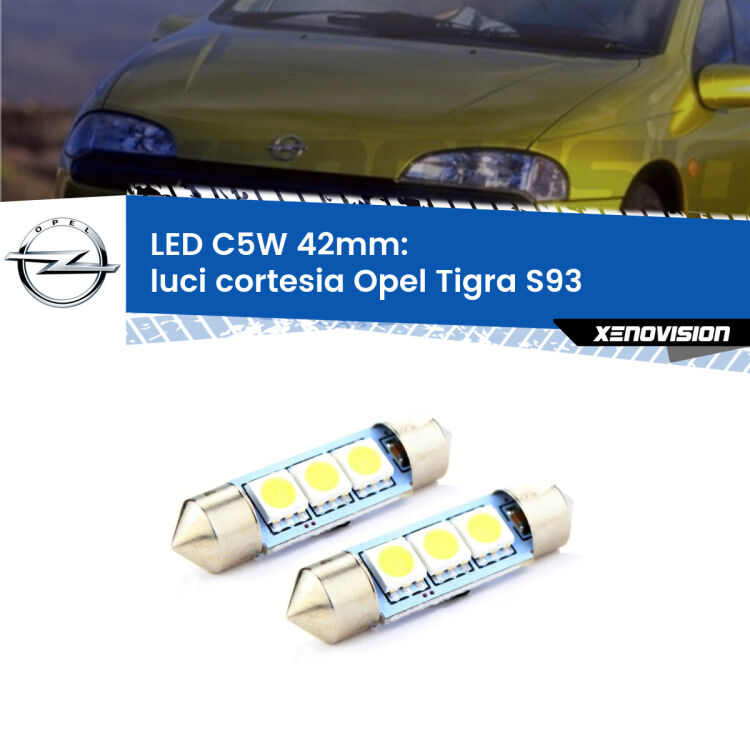 0 Luci Cortesia LED c5w 41mm Opel Tigra S93 1994 - 2000 (Coppia) <strong>Luci Cortesia LED per Opel Tigra</strong> S93 1994 - 2000. Coppia lampade <strong>C5W</strong> 41mm estremamente longeve.