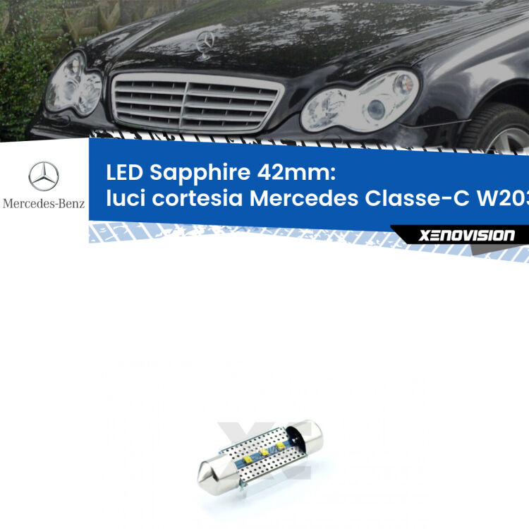 <strong>LED luci cortesia 42mm per Mercedes Classe-C</strong> W203 2000 - 2007. Lampade <strong>c5W</strong> modello Sapphire Xenovision con chip led Philips.