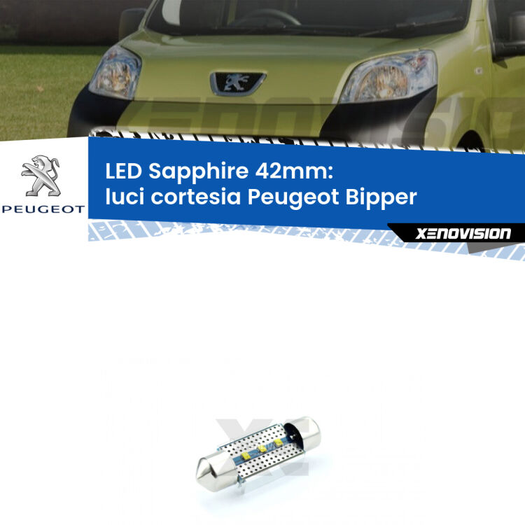 <strong>LED luci cortesia 42mm per Peugeot Bipper</strong>  2008 in poi. Lampade <strong>c5W</strong> modello Sapphire Xenovision con chip led Philips.