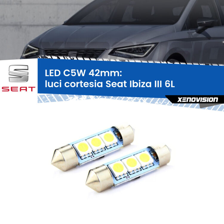 0 Luci Cortesia LED c5w 41mm Seat Ibiza III 6L 2002 - 2009 (Coppia) <strong>Luci Cortesia LED per Seat Ibiza III</strong> 6L 2002 - 2009. Coppia lampade <strong>C5W</strong> 41mm estremamente longeve.