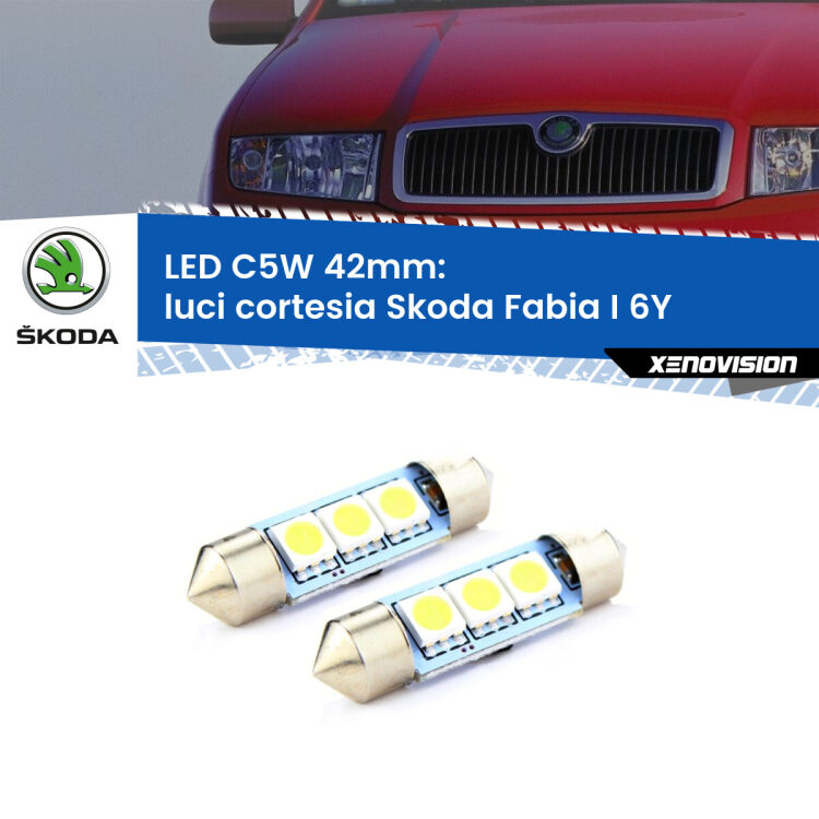 0 Luci Cortesia LED c5w 41mm Skoda Fabia I 6Y 1999 - 2006 (Coppia) <strong>Luci Cortesia LED per Skoda Fabia I</strong> 6Y 1999 - 2006. Coppia lampade <strong>C5W</strong> 41mm estremamente longeve.