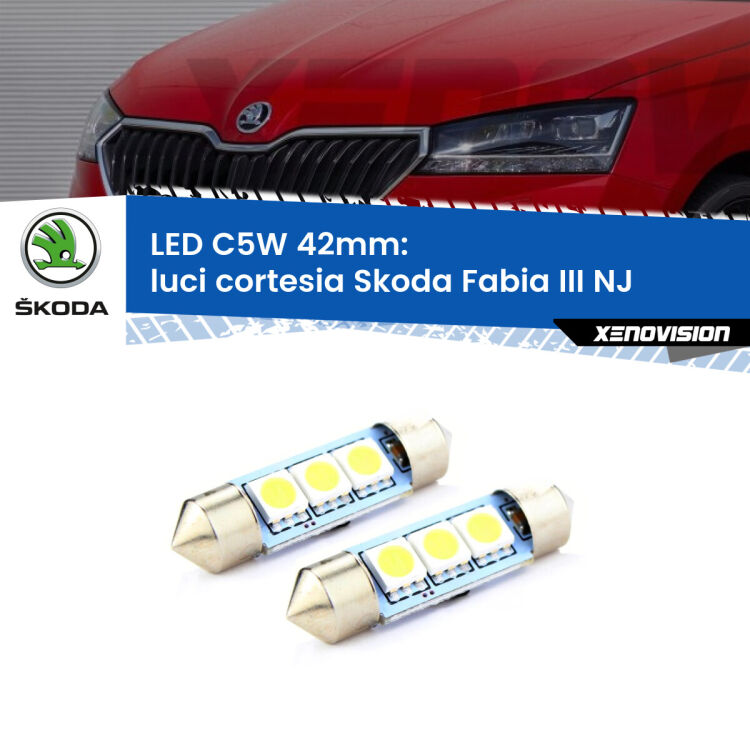 0 Luci Cortesia LED c5w 41mm Skoda Fabia III NJ 2014 in poi (Coppia) <strong>Luci Cortesia LED per Skoda Fabia III</strong> NJ 2014 in poi. Coppia lampade <strong>C5W</strong> 41mm estremamente longeve.